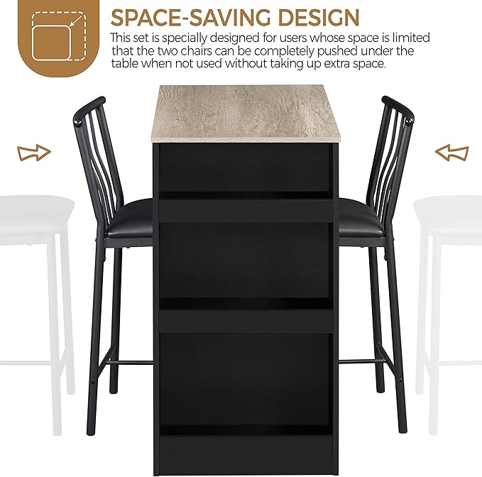 Yaheetech 3-Piece Dining Table Set, Counter Height Bar Table Set for 2, Compact Kitchen Table Set with 3-layer Side Storage Shelf for Kitchen Small Space, Black/Gray - LeafyLoom