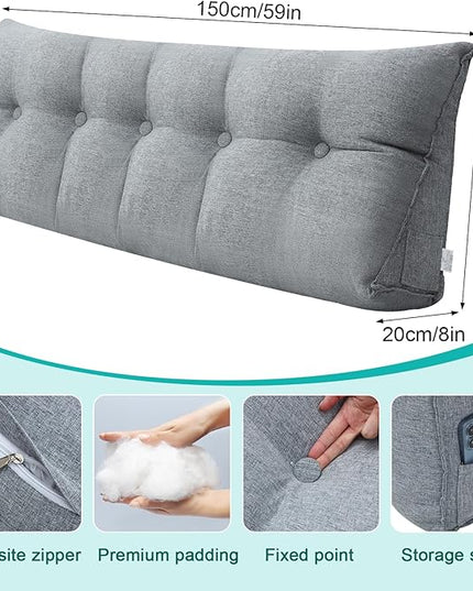 Headboard Wedge Pillow Triangular Bed Rest Reading Backrest Body Bolster Cushion Back Support Long Bolster Pillow for Bed Gifts with Removable Cover(Gray, Queen (59 x 20 x 8 Inch)) - LeafyLoom