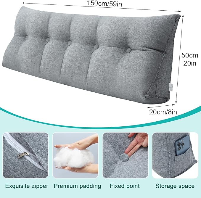 Headboard Wedge Pillow Triangular Bed Rest Reading Backrest Body Bolster Cushion Back Support Long Bolster Pillow for Bed Gifts with Removable Cover(Gray, Queen (59 x 20 x 8 Inch)) - LeafyLoom