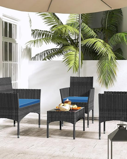 Patio Furniture, 4 Piece Conversation Set, Outdoor Wicker Rattan Table and Chairs, Sectional Sofa with Thick Cushion for Garden, Yard, or Porch, Black - LeafyLoom
