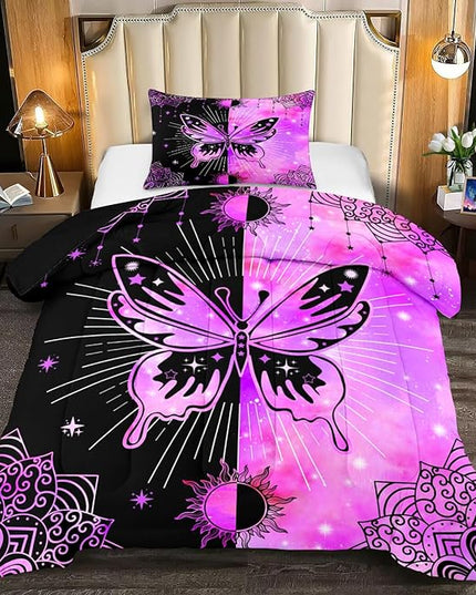 Butterfly Comforter - Butterfly Bed Set - Butterfly Comforter Set for Girls Women Bed Girls Twin Bedding Set Black Purple Butterflies with Sun and Moon Printed Quilt Sets with 1 Pillowcase - LeafyLoom
