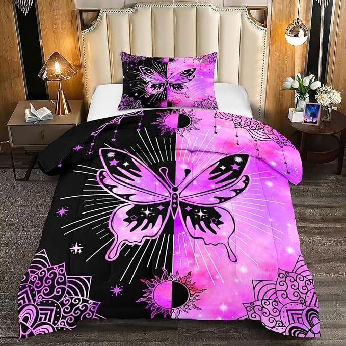 Butterfly Comforter - Butterfly Bed Set - Butterfly Comforter Set for Girls Women Bed Girls Twin Bedding Set Black Purple Butterflies with Sun and Moon Printed Quilt Sets with 1 Pillowcase - LeafyLoom