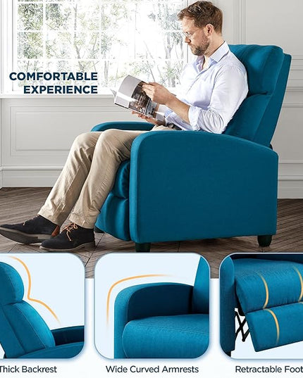 Yaheetech Fabric Recliner Sofa Modern Single Recliner Sofa Home Theater Seating with Thick Seat Cushion, Backrest and Pocket Spring, Blue - LeafyLoom