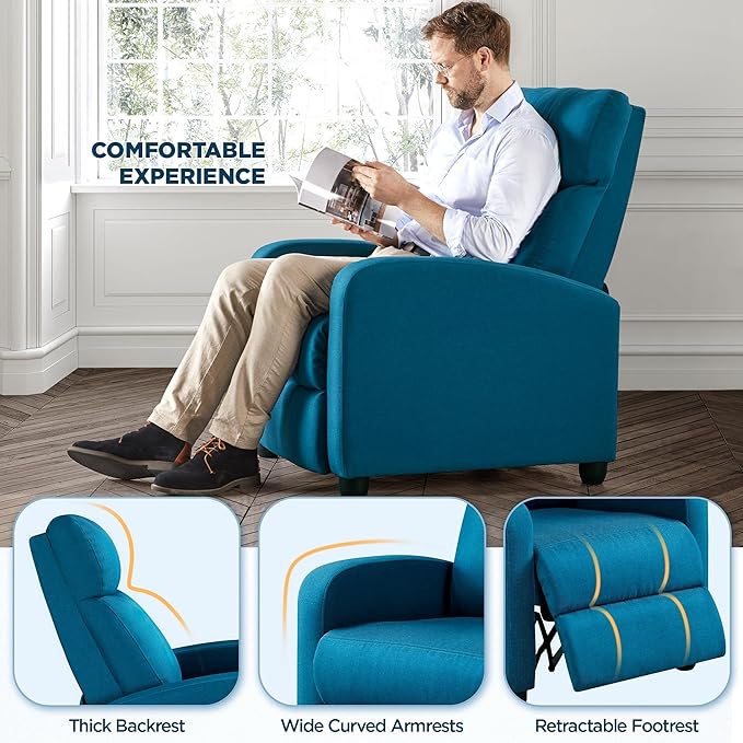 Yaheetech Fabric Recliner Sofa Modern Single Recliner Sofa Home Theater Seating with Thick Seat Cushion, Backrest and Pocket Spring, Blue - LeafyLoom