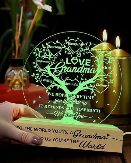 Grandma Gifts from Grandchildren, Grandma Acrylic Night Light Gift from Grandkids Grandson Granddaughter on Birthday Mothers Day Thanksgiving Christmas Bedroom Table Décor, 3D Illusion Lamp - LeafyLoom