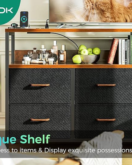 AODK Dresser with Charging Station, 52-Inch Long Dresser for Bedroom with 7 Large Fabric Drawers, Entertainment Center with Open Shelves for 55-Inch TV for Living Room, Black and Vintage - LeafyLoom