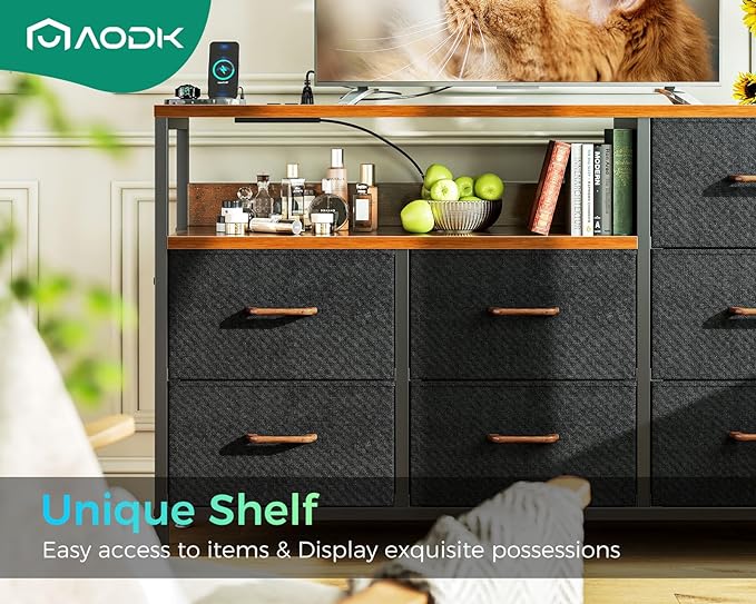 AODK Dresser with Charging Station, 52-Inch Long Dresser for Bedroom with 7 Large Fabric Drawers, Entertainment Center with Open Shelves for 55-Inch TV for Living Room, Black and Vintage - LeafyLoom