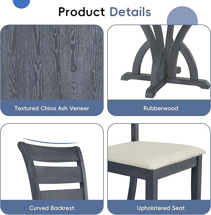 Farmhouse Round Pedestal 15.8" Removable Leaf, Extendable Kitchen w/Ladder Back Chairs, for Small Places, Room, 5 Piece Dining Table Set, Black 4 - LeafyLoom