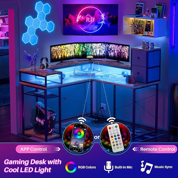 armocity L Shaped Desk with Drawers, Reversible Corner Computer Desk with LED Light & Power Outlet, 55.2'' L-Shaped Gaming Desk with Long Monitor Shelf, Home Office Desk for Small Corner Space, Rustic - LeafyLoom