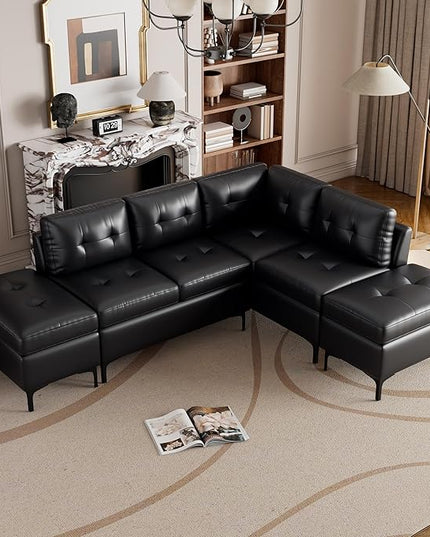 94.88" PU Leather L Shaped Sofa with Reversible Chaise Lounge, Storage Ottoman, Button Tufted Backrest&Cushion, 6-Seater Upholstered Corner Sectional Couches for Living Room Office Apartment - LeafyLoom