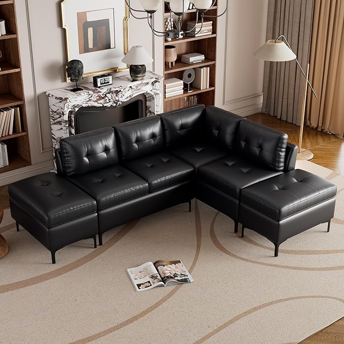 94.88" PU Leather L Shaped Sofa with Reversible Chaise Lounge, Storage Ottoman, Button Tufted Backrest&Cushion, 6-Seater Upholstered Corner Sectional Couches for Living Room Office Apartment - LeafyLoom
