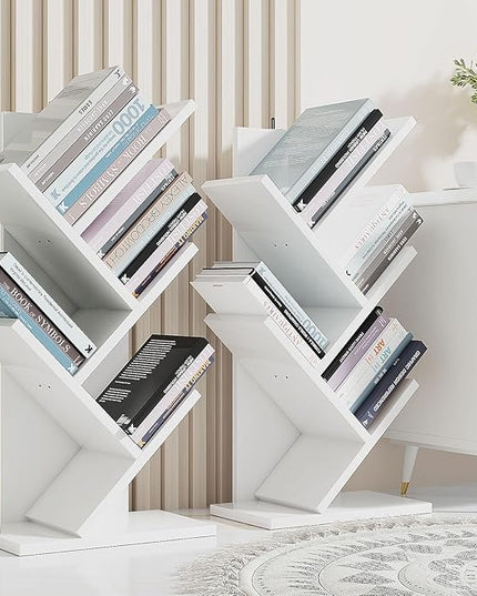 YMYNY 4 Tier Tree Bookshelf, Small Bookcase, Modern Wood Book Storage Rack, Freestanding Book shelf for Books/Movies/CDs, Narrow Display Rack for Living Room, Home Office, White UHBC014W - LeafyLoom