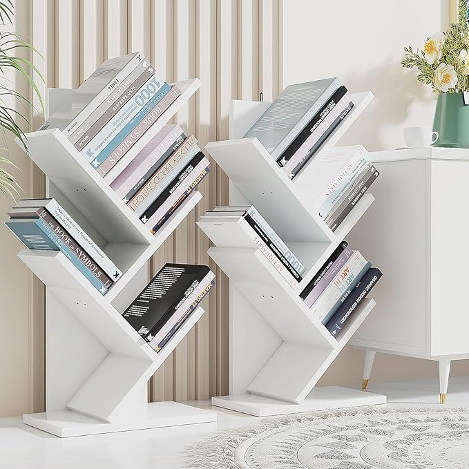 YMYNY 4 Tier Tree Bookshelf, Small Bookcase, Modern Wood Book Storage Rack, Freestanding Book shelf for Books/Movies/CDs, Narrow Display Rack for Living Room, Home Office, White UHBC014W - LeafyLoom