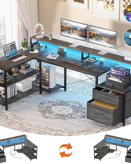 Aheaplus L Shaped Desk with File Drawer, 66" Reversible L Shaped Computer Desk with Power Outlet & LED Strip, Gaming Desk with Long Monitor Stand, Office Desk Corner Desk with Storage Shelf, Grey Oak - LeafyLoom