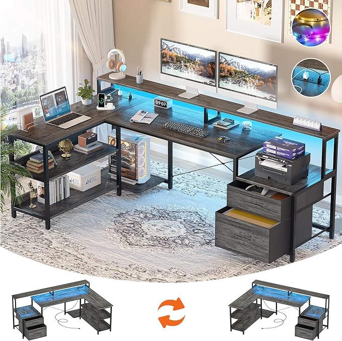 Aheaplus L Shaped Desk with File Drawer, 66" Reversible L Shaped Computer Desk with Power Outlet & LED Strip, Gaming Desk with Long Monitor Stand, Office Desk Corner Desk with Storage Shelf, Grey Oak - LeafyLoom