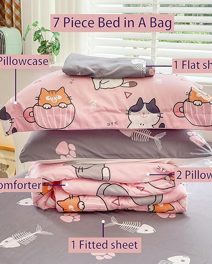 7 Piece Girls Cat Comforter Set Queen Size Bed in A Bag Pink Cute Cartoon Pet Cats Bedding Set for Kids Boys Teens (1 Comforter, 1 Flat Sheet, 1 Fitted Sheet, 4 Pillow Sham) Gray - LeafyLoom