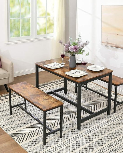 VASAGLE 47 Inches Dining Room Table Set for 4 with 2 Benches, Industrial Style - LeafyLoom
