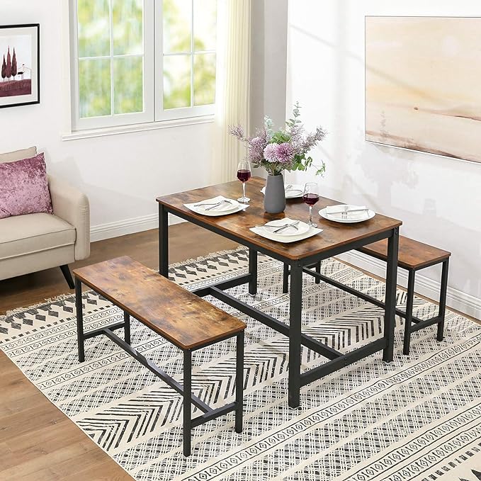 VASAGLE 47 Inches Dining Room Table Set for 4 with 2 Benches, Industrial Style - LeafyLoom