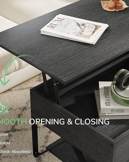 Novilla Lift Top Coffee Table with Storage 40 Inch Wood Lift Up Center Table for Living Room Tea Table with Hidden Compartment Rising Tabletop Table Cocktail Table, Black - LeafyLoom