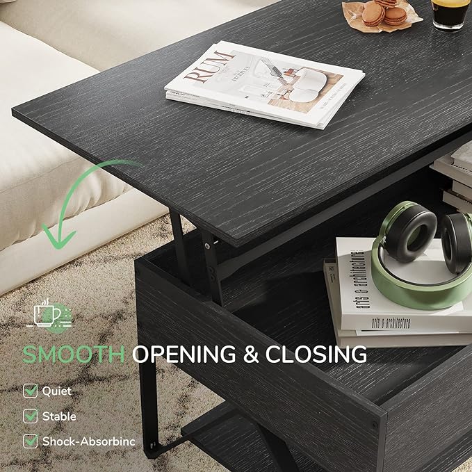 Novilla Lift Top Coffee Table with Storage 40 Inch Wood Lift Up Center Table for Living Room Tea Table with Hidden Compartment Rising Tabletop Table Cocktail Table, Black - LeafyLoom