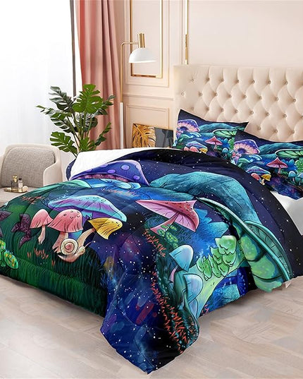Cartoon Mushroom Bedding Set, Queen Size 3 Piece Ultra Soft Breathable Cute Mushrooms Bedding Comforter Sets Fungus Plant Bedspread for All-Season Bedroom Decor with 1 Comforter +2 Pillowcases - LeafyLoom