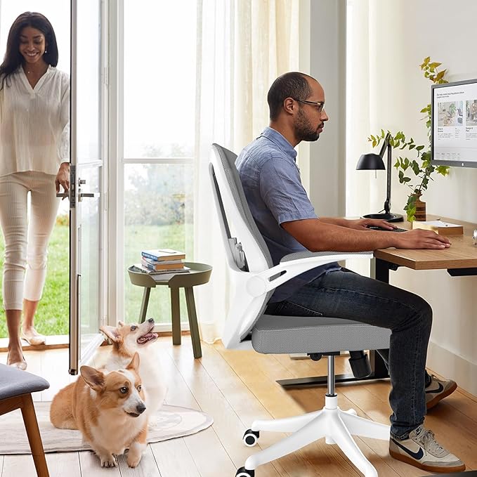 Office Chair with 350LBS Capacity, Ergonomic Comfort Home Desk Chair, Mid Back Gaming Chair with Wheels, Adjustable Height, Lumbar Support, Flip-up Armrest - LeafyLoom