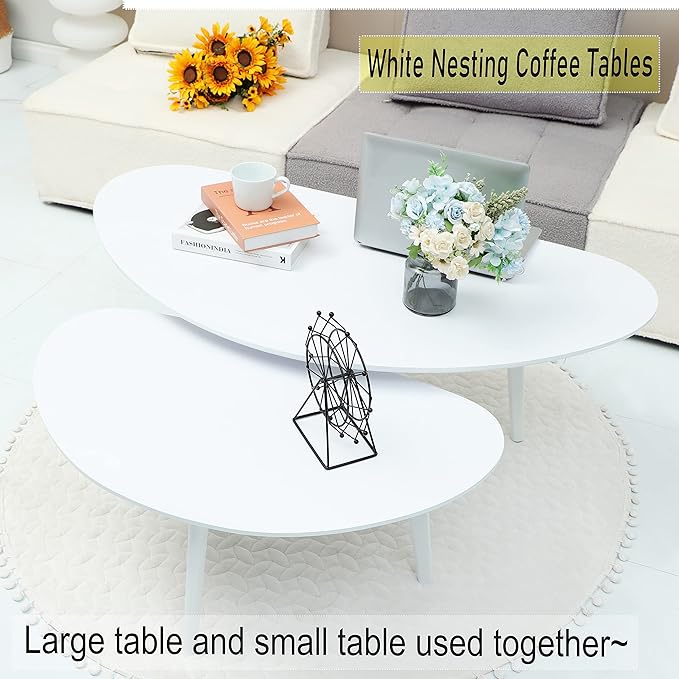 FIRMINANA Mid Century Modern Coffee Table,Large Oval White Coffee Table for Living Room,for Small Spaces,White-47.3" W x 23.63" D x 17.72" H - LeafyLoom