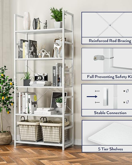 NUMENN 5 Tier Bookshelf, Tall Bookcase Shelf Storage Organizer, Modern Book Shelf for Bedroom, Living Room and Home Office, White - LeafyLoom