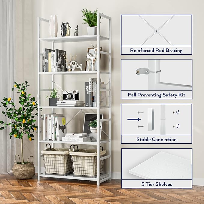 NUMENN 5 Tier Bookshelf, Tall Bookcase Shelf Storage Organizer, Modern Book Shelf for Bedroom, Living Room and Home Office, White - LeafyLoom