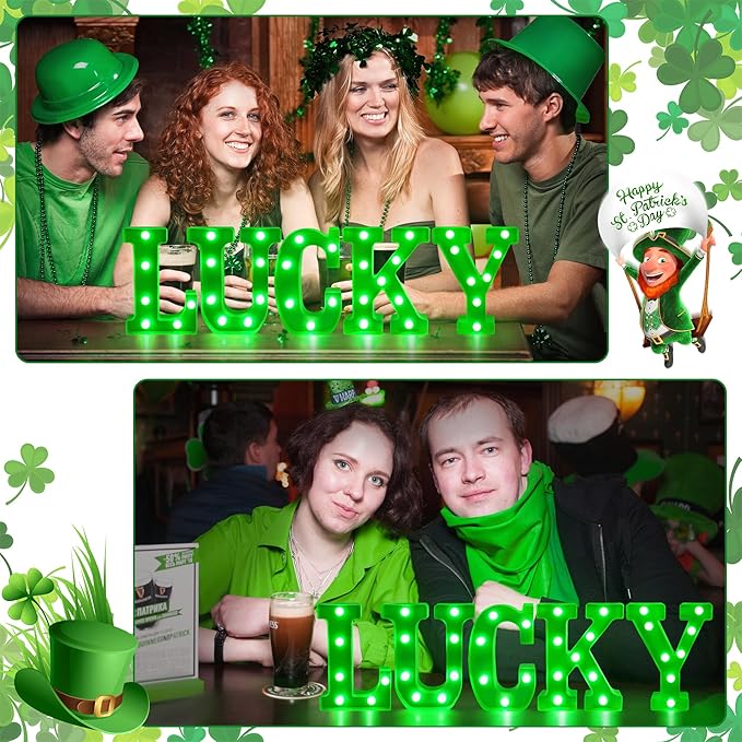 Tifeson St Patricks Day Decorations, St Patricks Day Decor - 5 LED Marquee Light Up Letters “Lucky” with Green Lights for Home Table Mantle Irish Saint Patrick’s Party Decor (Batteries Not Included) - LeafyLoom