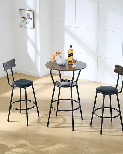 3 Pieces Bistro Table and Chairs Set, Round Counter Height Bar Table with Storage Shelf and 2 Stools with Backrest & Footrest, for Dining Room, Kitchen, Bar, Small Space, Rustic Brown - LeafyLoom
