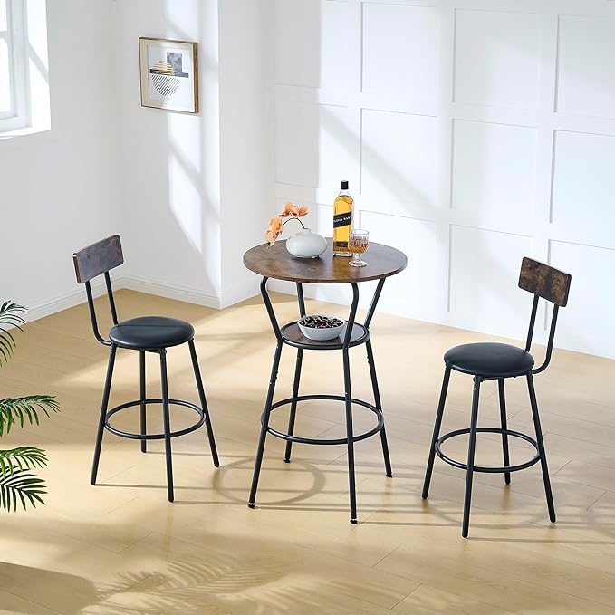 3 Pieces Bistro Table and Chairs Set, Round Counter Height Bar Table with Storage Shelf and 2 Stools with Backrest & Footrest, for Dining Room, Kitchen, Bar, Small Space, Rustic Brown - LeafyLoom