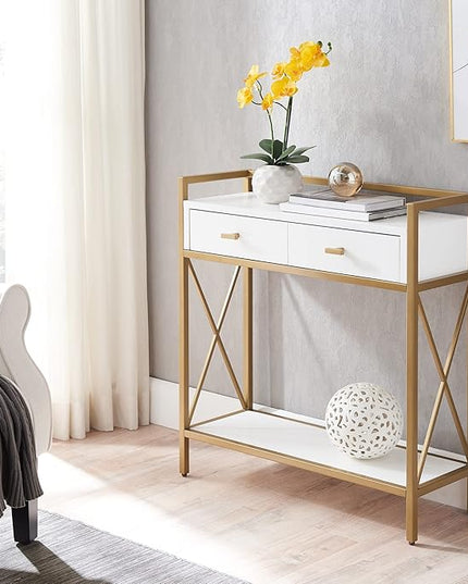 Leick Home 9231-WTGL Claudette Mixed Metal and Wood Hall Stand with Shelf, White/gold - LeafyLoom