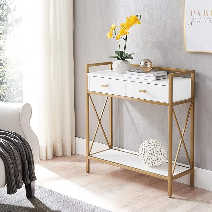 Leick Home 9231-WTGL Claudette Mixed Metal and Wood Hall Stand with Shelf, White/gold - LeafyLoom