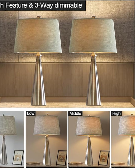 Oneach 25.75" Table Lamps Set of 2 for Living Room Bedroom, Bedside Lamp 3-Way Dimmable Touch Control, Modern Silver Nightstand Light Fabric Shade Vintage Accent Style - LeafyLoom