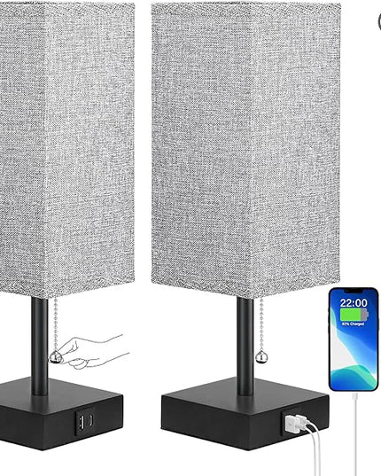 aooshine Table Lamps Set of 2 - Grey, USB A and USB C Charging, Pull Chain Control, Bulb NOT Included, Small - LeafyLoom