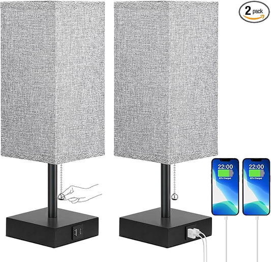 aooshine Table Lamps Set of 2 - Grey, USB A and USB C Charging, Pull Chain Control, Bulb NOT Included, Small - LeafyLoom