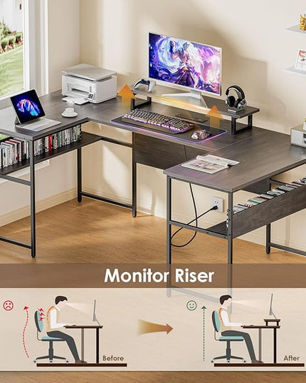 79” U Shaped Desk with Power Outlets, Reversible L Shaped Gaming Desk with Storage Shelves, Large Corner Computer Desk with Monitor Stand, 2 Person Desk for Home Office, Grey Black - LeafyLoom