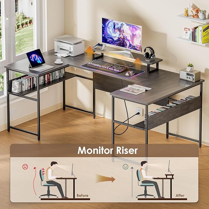 79” U Shaped Desk with Power Outlets, Reversible L Shaped Gaming Desk with Storage Shelves, Large Corner Computer Desk with Monitor Stand, 2 Person Desk for Home Office, Grey Black - LeafyLoom