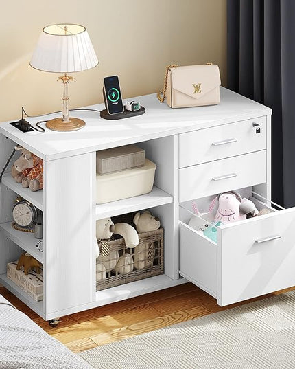 YITAHOME File Cabinet with Charging Station, Mobile Lateral Filing Cabinet with Lock for Home Office, Printer Stand with Open Storage Shelf, Fits A4, Letter, Legal Size Files, Office Furniture, White - LeafyLoom