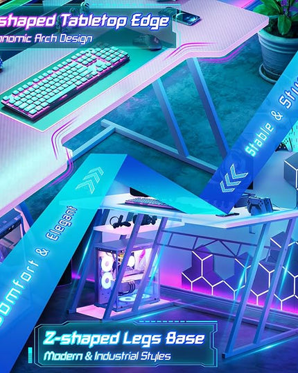Gaming Computer Desk with Outlets and Storage Shelves, Pink Gaming Desk with Hutch and LED Lights, PC Gaming Desk with Pegboard for Bedroom, Carbon Fiber Pink, 47'' - LeafyLoom