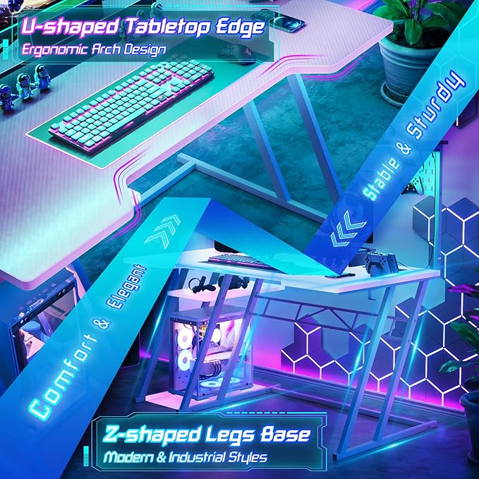 Gaming Computer Desk with Outlets and Storage Shelves, Pink Gaming Desk with Hutch and LED Lights, PC Gaming Desk with Pegboard for Bedroom, Carbon Fiber Pink, 47'' - LeafyLoom