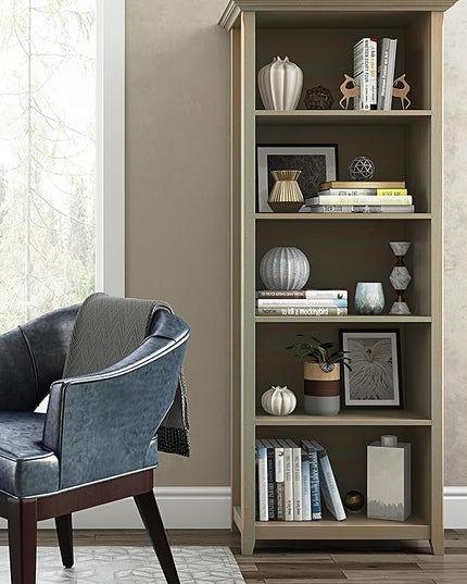 SIMPLIHOME Amherst SOLID WOOD 30 Inch Transitional 5 Shelf Bookcase in Distressed Grey, For the Living Room, Study Room and Office - LeafyLoom