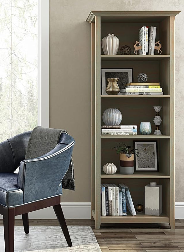 SIMPLIHOME Amherst SOLID WOOD 30 Inch Transitional 5 Shelf Bookcase in Distressed Grey, For the Living Room, Study Room and Office - LeafyLoom