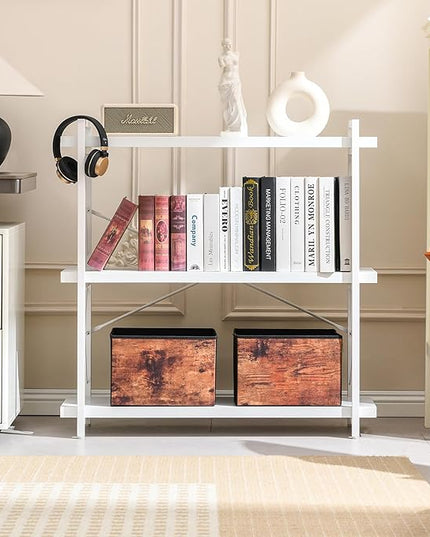 HCHQHS Bookshelf, 3-Tier Industrial Bookcase, White Open Book Shelf, Freestanding Horizontal Bookshelves with Metal Frame - LeafyLoom