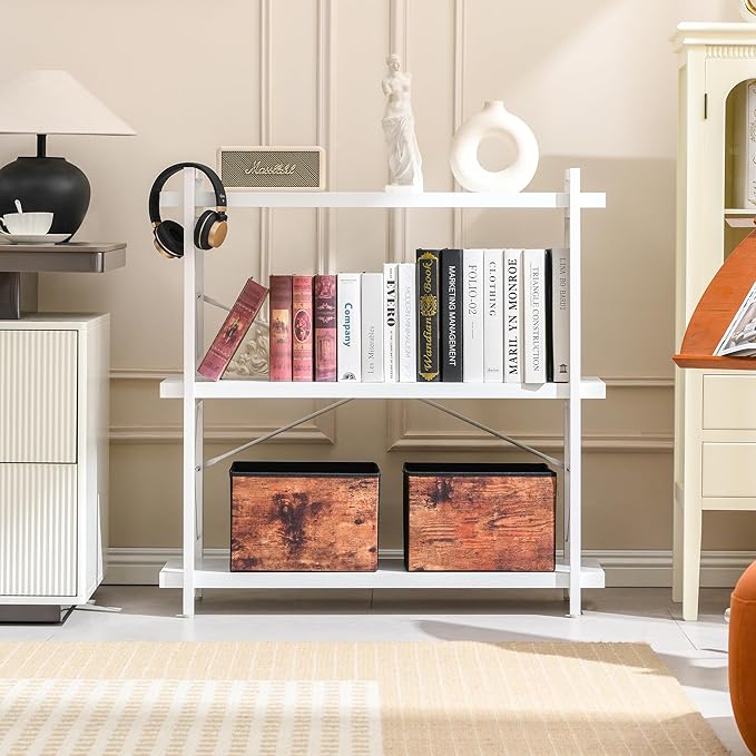 HCHQHS Bookshelf, 3-Tier Industrial Bookcase, White Open Book Shelf, Freestanding Horizontal Bookshelves with Metal Frame - LeafyLoom