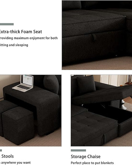 Convertible Futon Bed, Button Tufted Folding Sleeper Adjustable Backrest,Wooden Frame & 2 Pillows Small Sofa & Couches for Living Room,Apartment,Home Decor, Black 104.5" - LeafyLoom