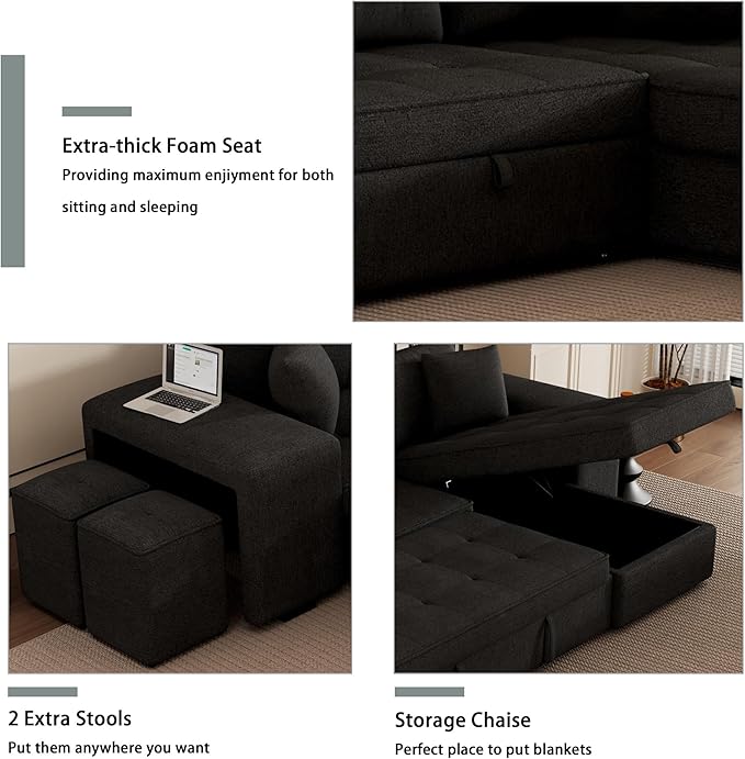 Convertible Futon Bed, Button Tufted Folding Sleeper Adjustable Backrest,Wooden Frame & 2 Pillows Small Sofa & Couches for Living Room,Apartment,Home Decor, Black 104.5" - LeafyLoom