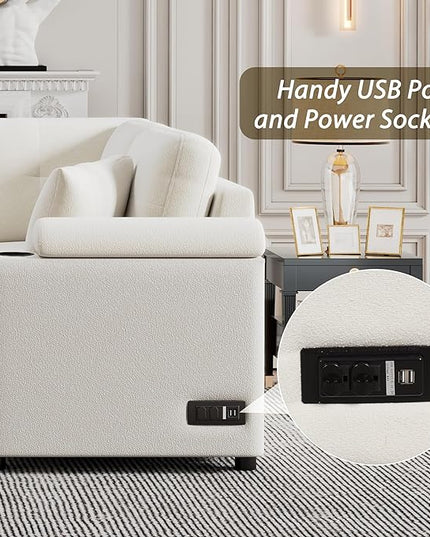 Boucle Upholstered Reversible Sleeper Sectional Sofa with Pull Out Bed , 3 Seater L Shaped Convertible Corner Couch with Cupholders&USB Ports, Power Sockets, Small Pullout Sofabed for Living Room - LeafyLoom