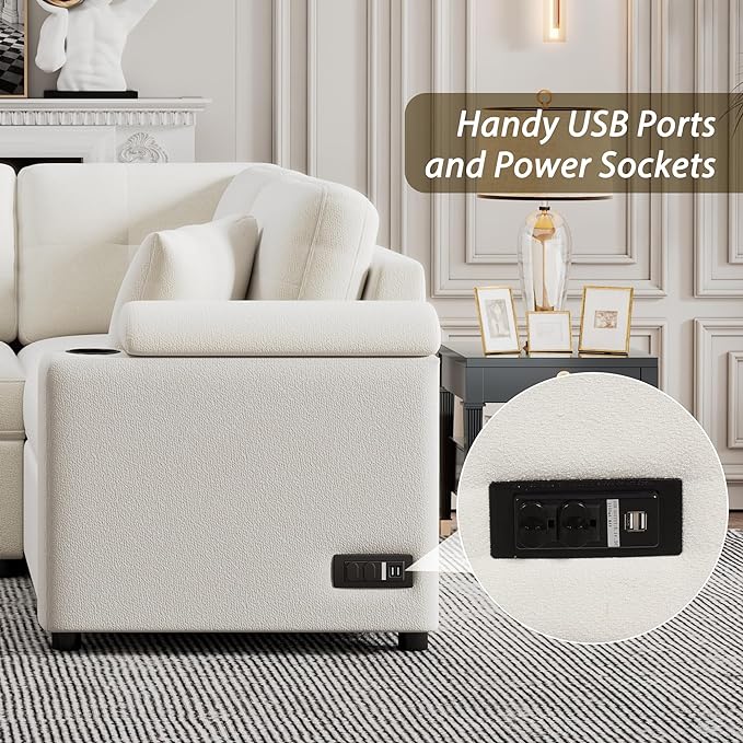 Boucle Upholstered Reversible Sleeper Sectional Sofa with Pull Out Bed , 3 Seater L Shaped Convertible Corner Couch with Cupholders&USB Ports, Power Sockets, Small Pullout Sofabed for Living Room - LeafyLoom
